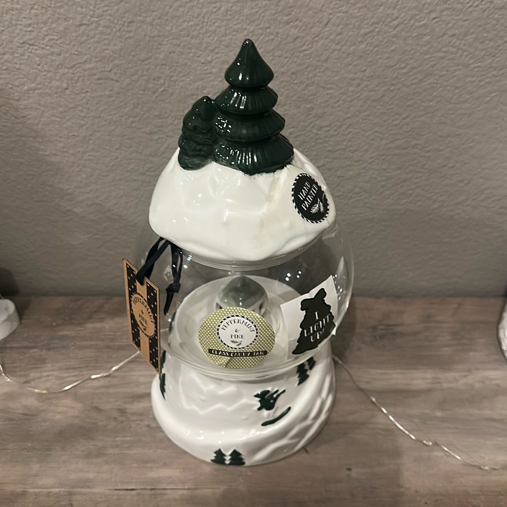 Sale! Peppermint & Pine Light Up Green Trees/Ski Candy Jar - Picture 2 of 7